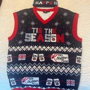 Miller Lite ugly Xmas sweater vest and beanie men’s Large